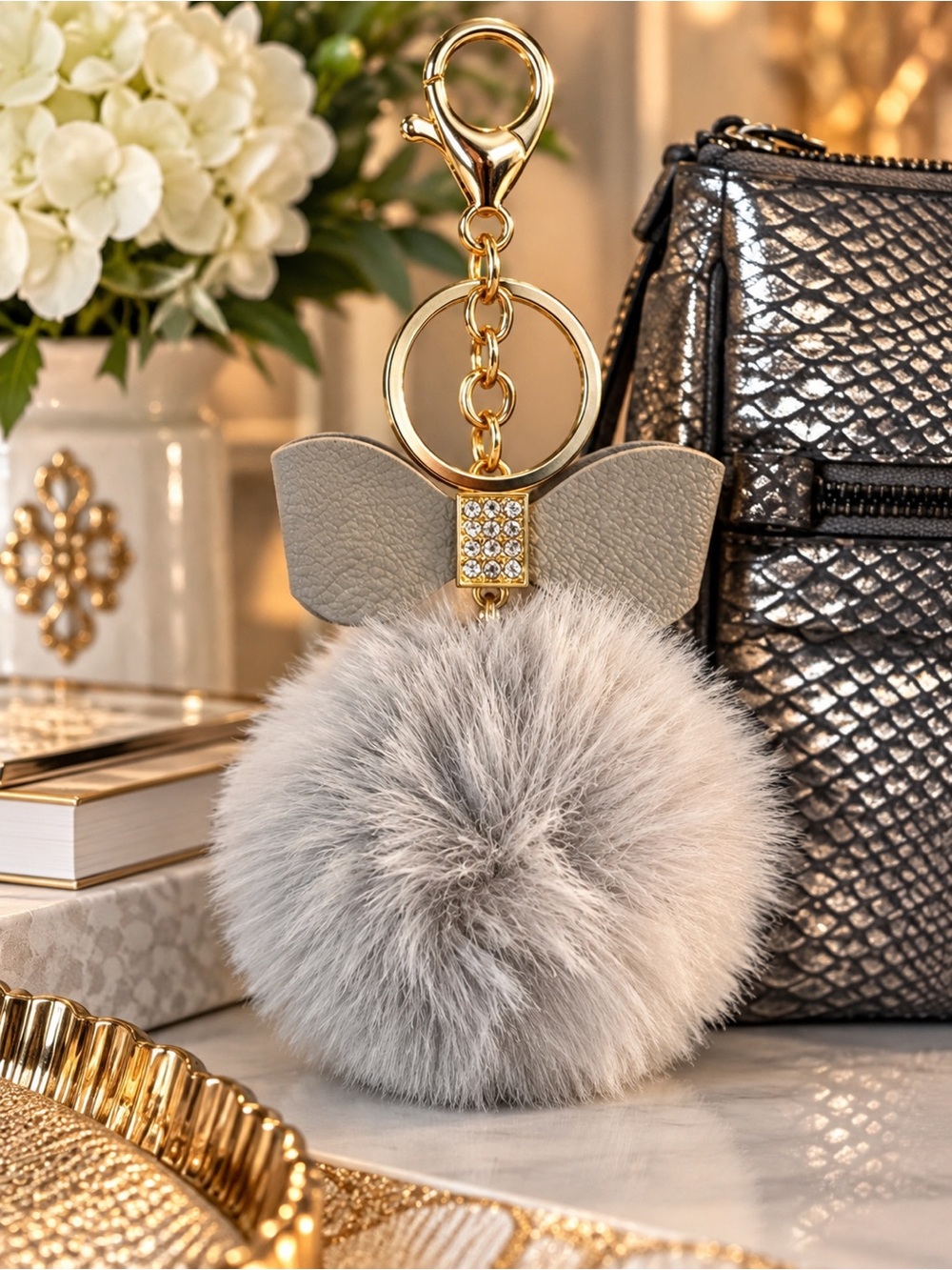 Pom Pom Bag Charm & Keychain in Silvery Gray with Bow & Gold Chain  New